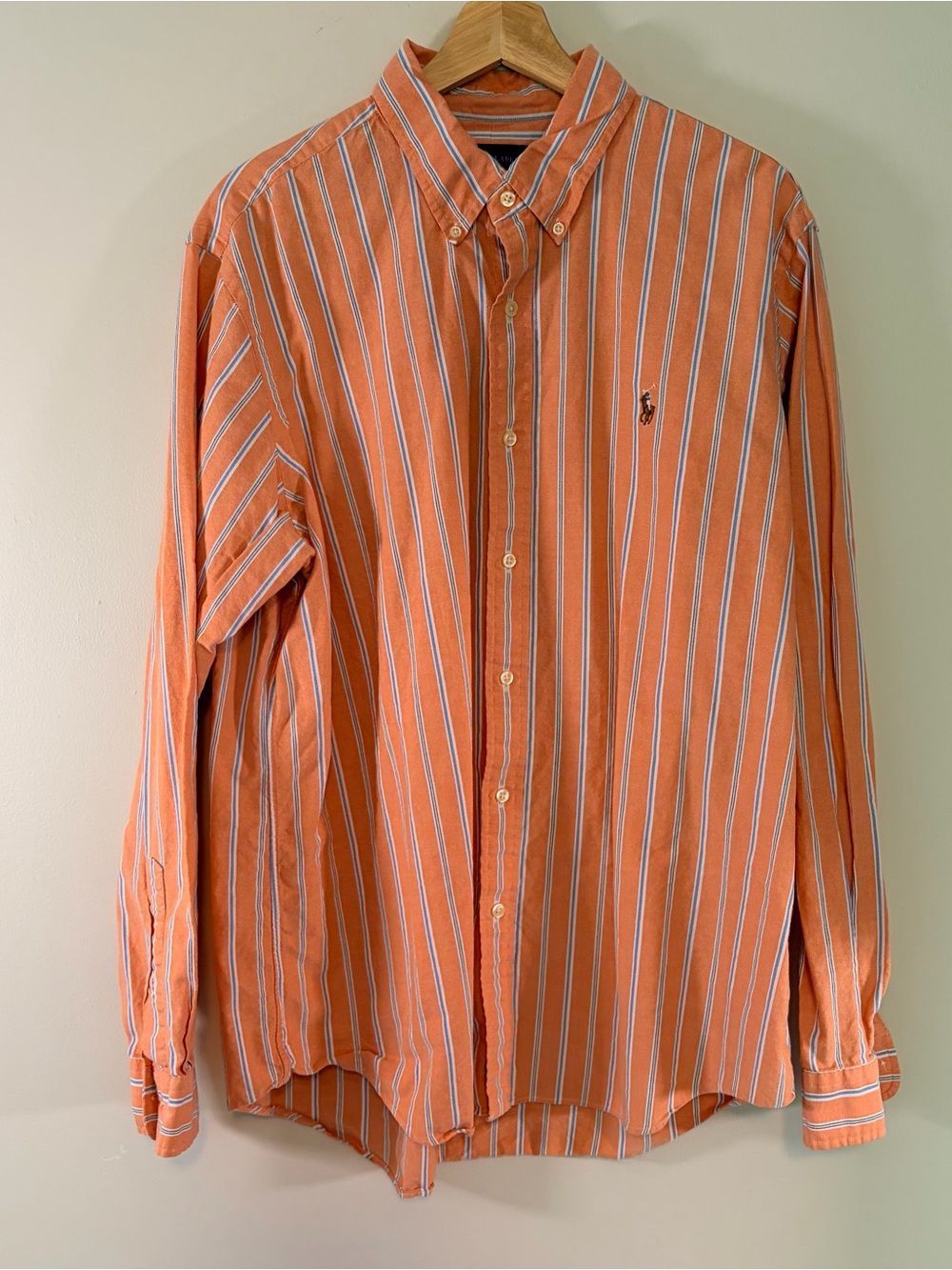 Ralph Lauren Pony Long Sleeve Orange Blue Striped Button Down Classic Size XL